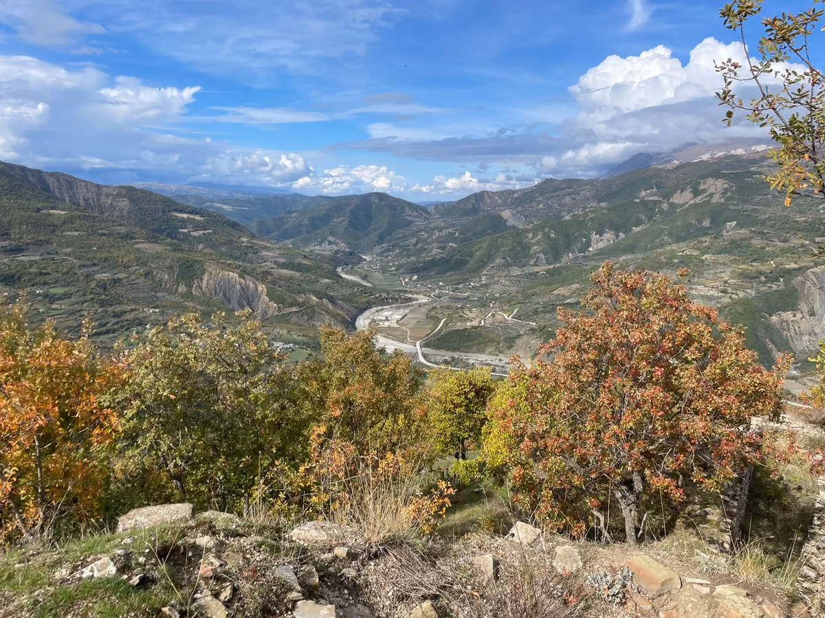 Valley with a winding road and river seen from the hillside, autumn trees in the foreground